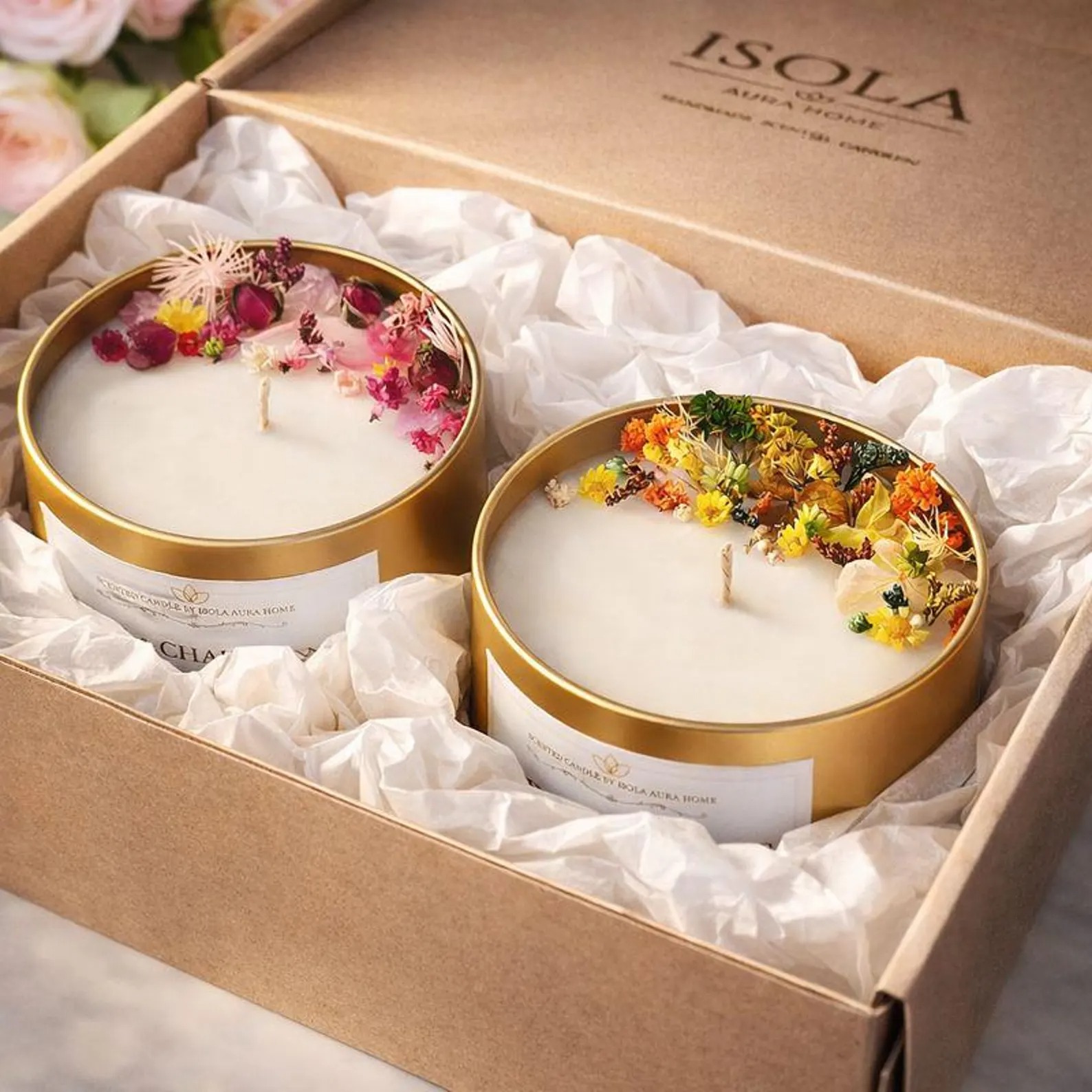 Set de lumânări cu flori uscate într-o cutie cadou de carton